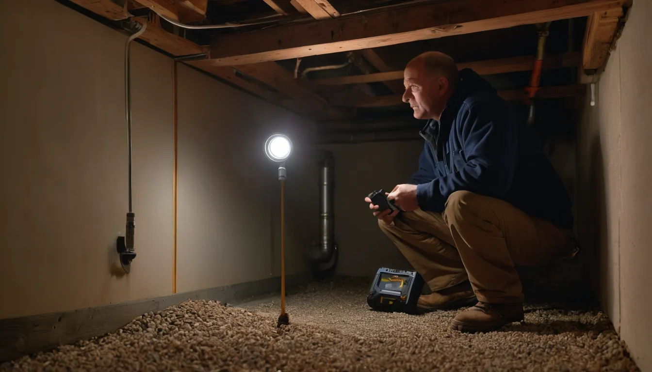 A provider checking a basement wall for pest entry points in the Rockville area
