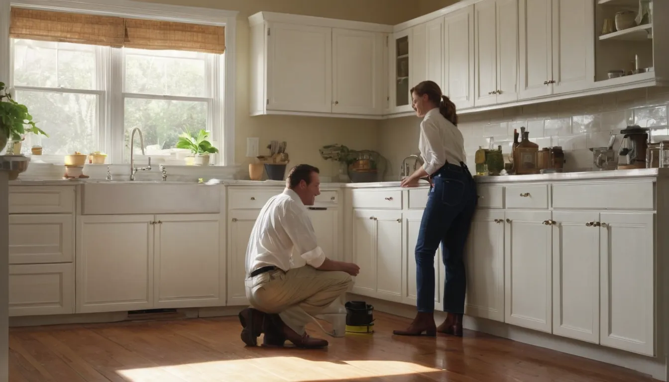 A friendly pest control provider inspecting a kitchen baseboard with a homeowner in the Rockville area